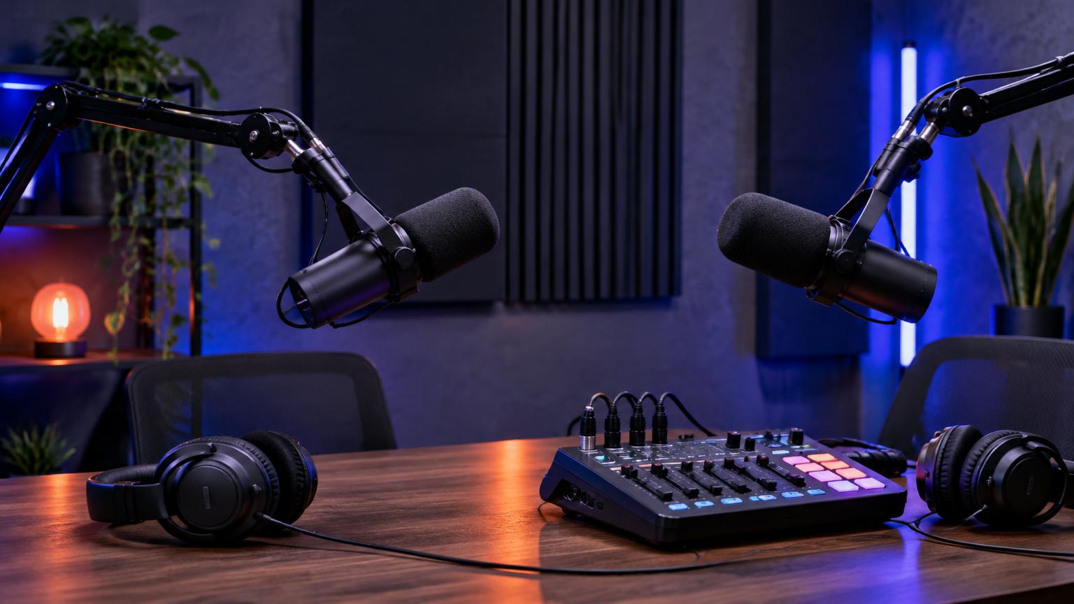 Microphones and mixing equipment in a podcast studio